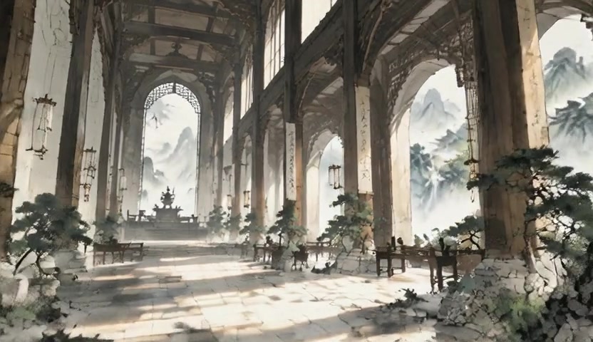 InSpatio-World 1.5가 생성한 회랑 장면의 새로운 시점 데모 이미지